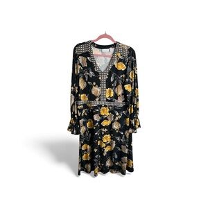 Susan Graver Women’s Large Midi Dress Bell Sleeves Flower Print Cottagecore 4641